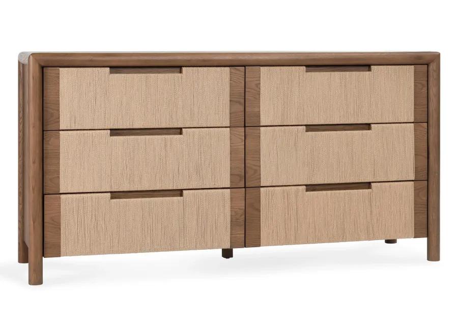 Corda Oak Wood 6-Drawer Dresser in Two-Tone Brown