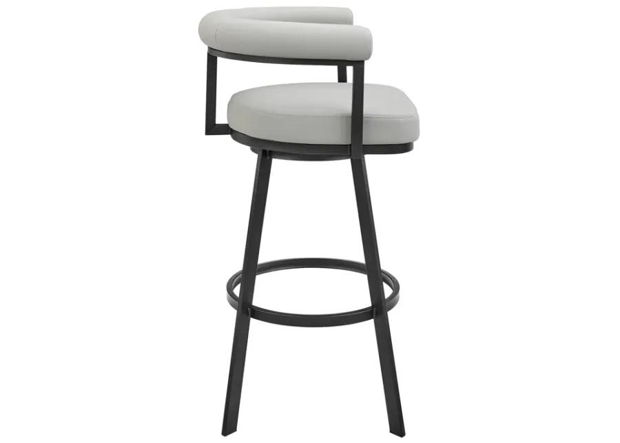 Nolagam Swivel Bar Stool in Black Metal with Light Gray Faux Leather