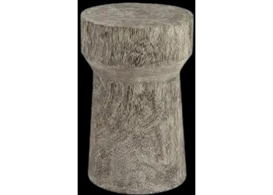 curved wood stool, thick , gray stone, gray stone