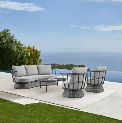 Monk 4 Piece Outdoor Patio Furniture Set in Black Aluminum and Gray Wicker with Gray Cushions