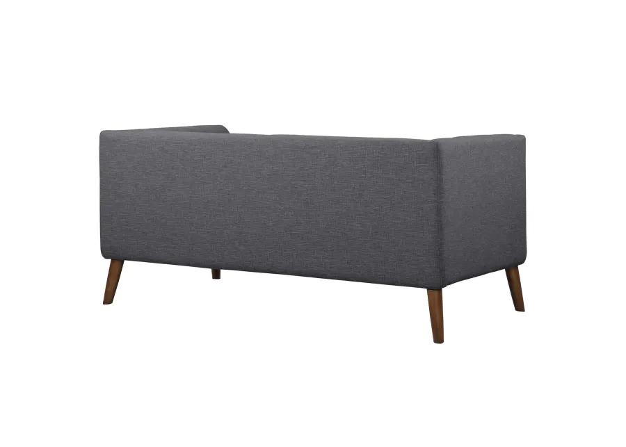 Hudson Mid-Century Button-Tufted Loveseat in Dark Gray Linen and Walnut Legs