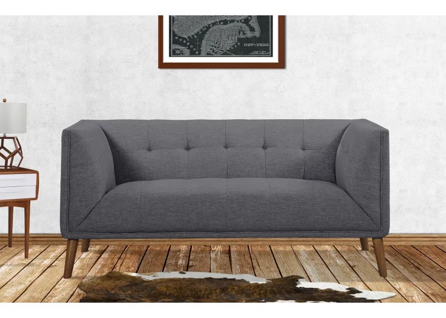 Hudson Mid-Century Button-Tufted Loveseat in Dark Gray Linen and Walnut Legs