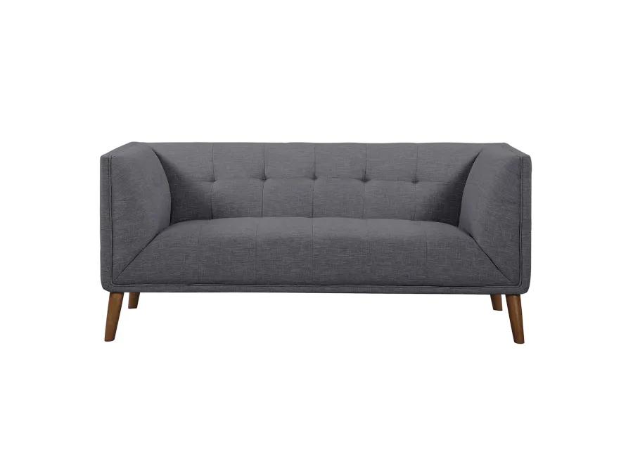 Hudson Mid-Century Button-Tufted Loveseat in Dark Gray Linen and Walnut Legs