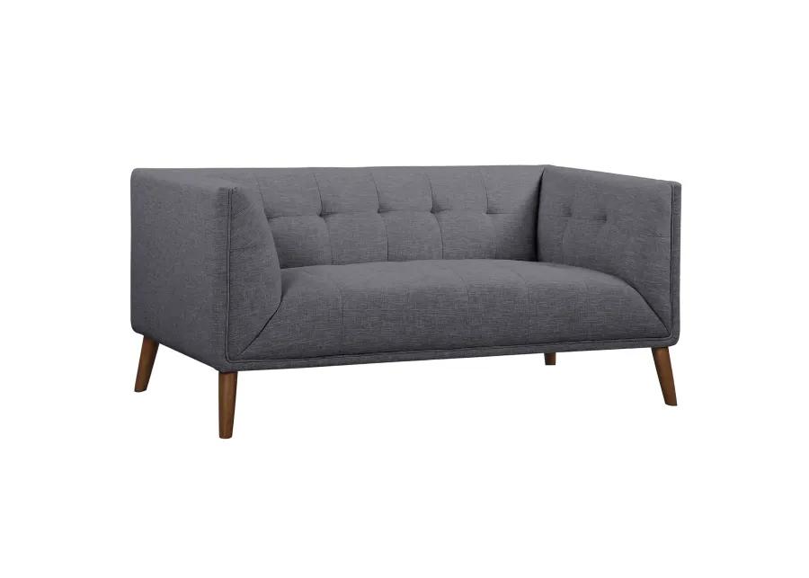 Hudson Mid-Century Button-Tufted Loveseat in Dark Gray Linen and Walnut Legs