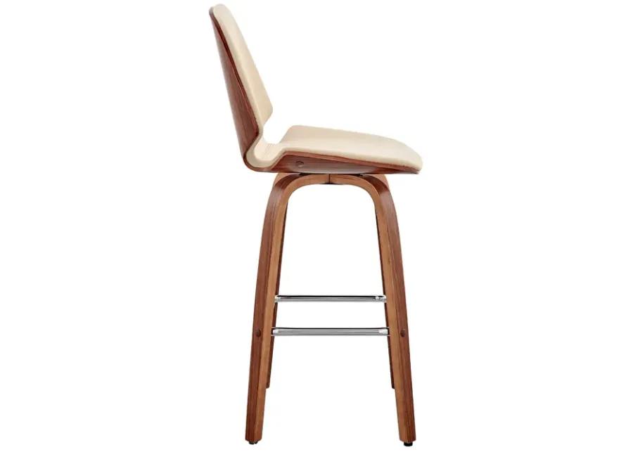 Arabela 26" Cream Faux Leather and Walnut Wood Swivel Bar Stool