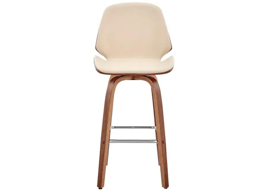 Arabela 26" Cream Faux Leather and Walnut Wood Swivel Bar Stool