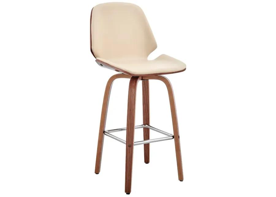 Arabela 26" Cream Faux Leather and Walnut Wood Swivel Bar Stool