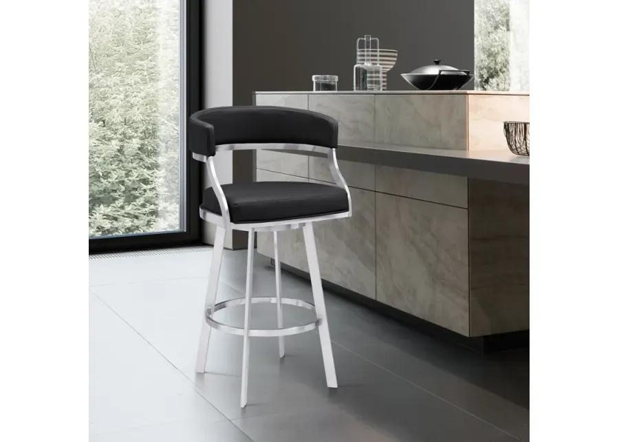 Dione 26" Counter Height Swivel Black Faux Leather and Brushed Stainless Steel Bar Stool