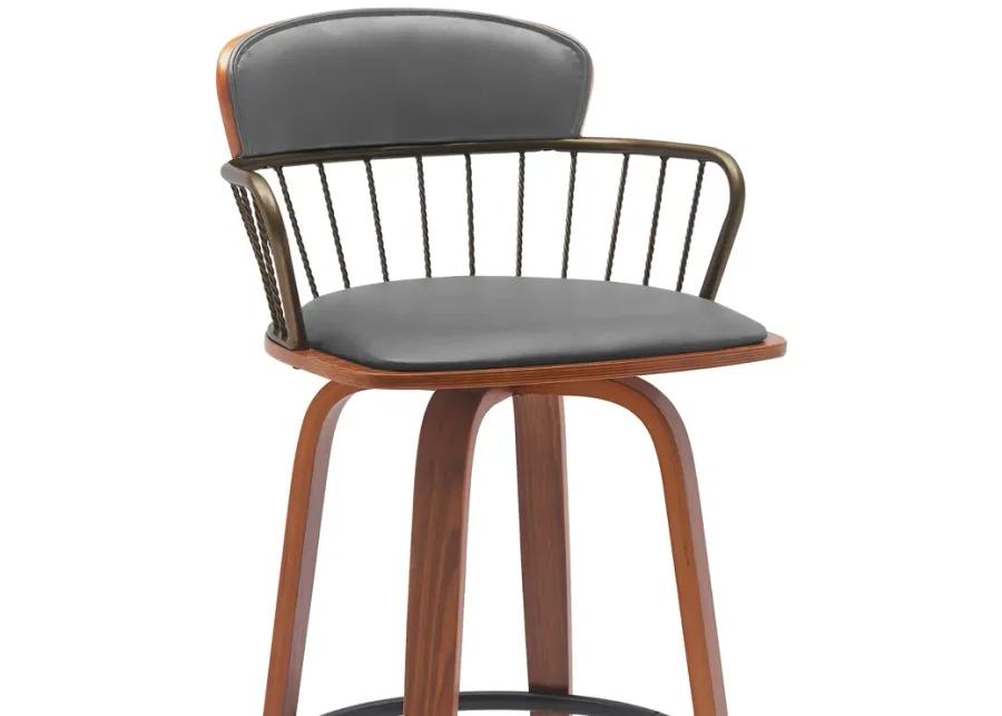 Willow 30" Swivel Walnut Wood Bar Stool in Gray Faux Leather with Golden Bronze Metal