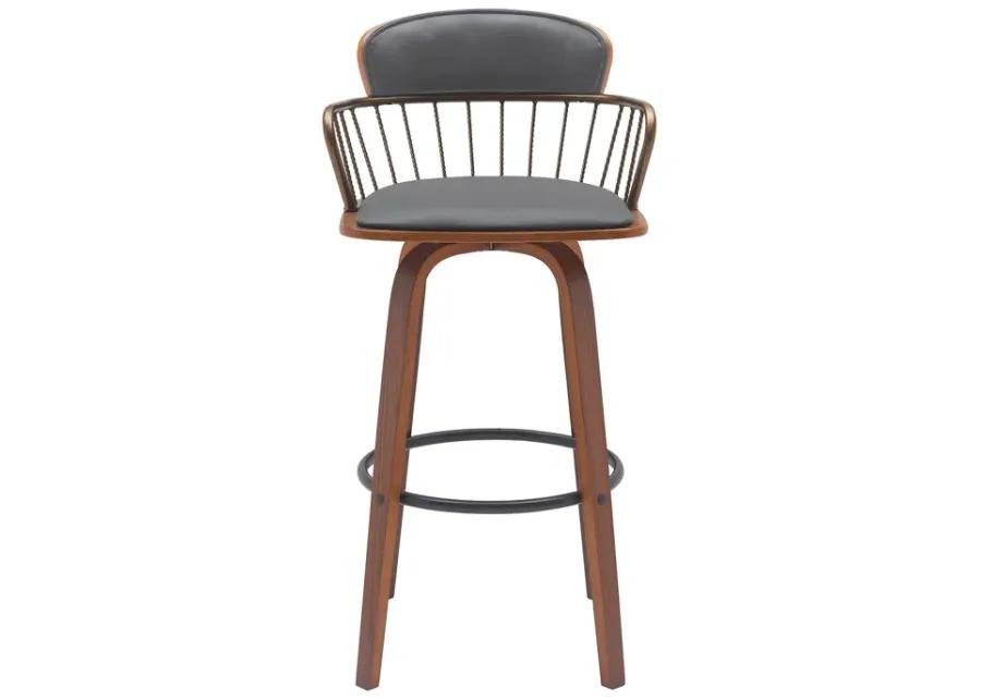 Willow 30" Swivel Walnut Wood Bar Stool in Gray Faux Leather with Golden Bronze Metal