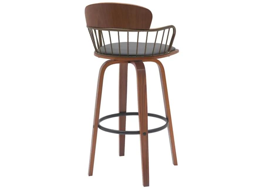 Willow 30" Swivel Walnut Wood Bar Stool in Gray Faux Leather with Golden Bronze Metal