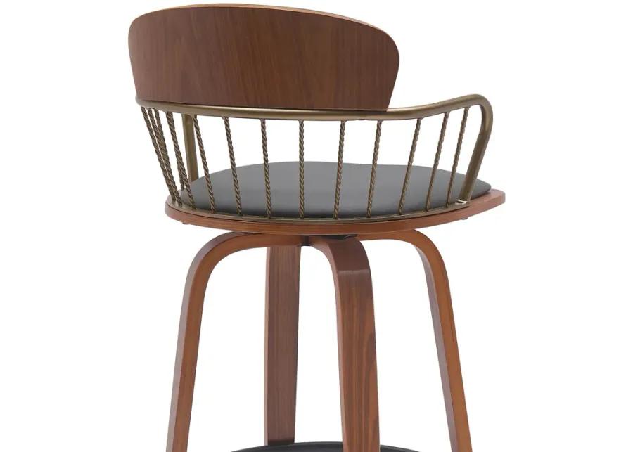 Willow 30" Swivel Walnut Wood Bar Stool in Gray Faux Leather with Golden Bronze Metal