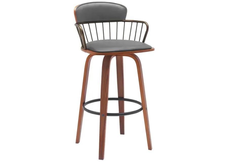 Willow 30" Swivel Walnut Wood Bar Stool in Gray Faux Leather with Golden Bronze Metal