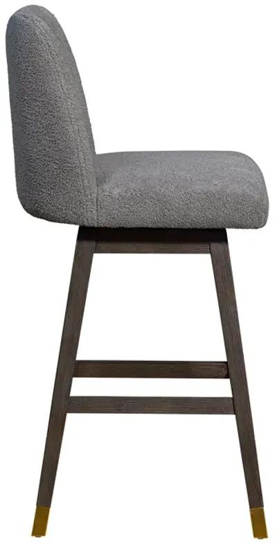 Amalie Swivel Bar Stool in Gray Oak Wood Finish with Gray Boucle Fabric