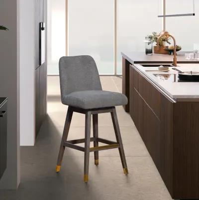 Amalie Swivel Bar Stool in Gray Oak Wood Finish with Gray Boucle Fabric