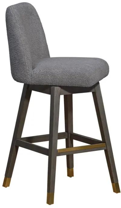 Amalie Swivel Bar Stool in Gray Oak Wood Finish with Gray Boucle Fabric