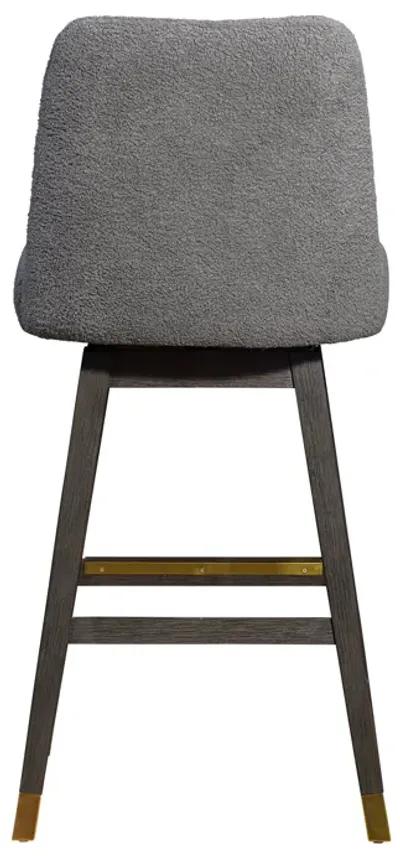 Amalie Swivel Bar Stool in Gray Oak Wood Finish with Gray Boucle Fabric