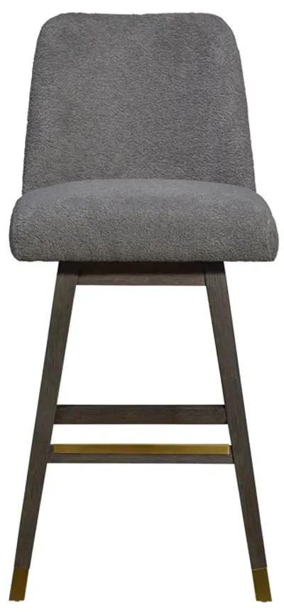 Amalie Swivel Bar Stool in Gray Oak Wood Finish with Gray Boucle Fabric