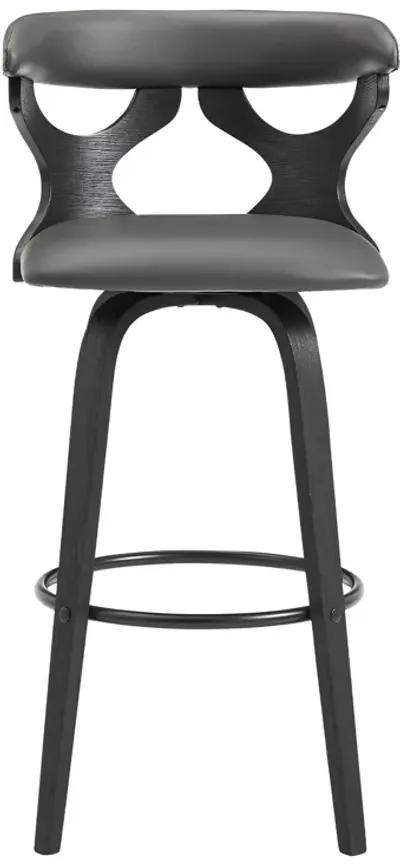 Zenia 30" Swivel Bar Stool in Gray Faux Leather and Black Wood