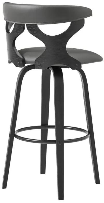 Zenia 30" Swivel Bar Stool in Gray Faux Leather and Black Wood