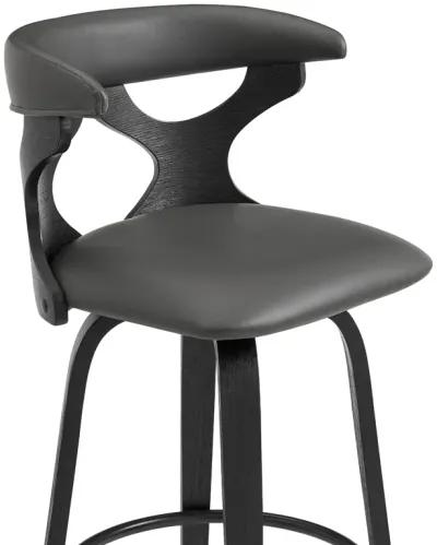 Zenia 30" Swivel Bar Stool in Gray Faux Leather and Black Wood