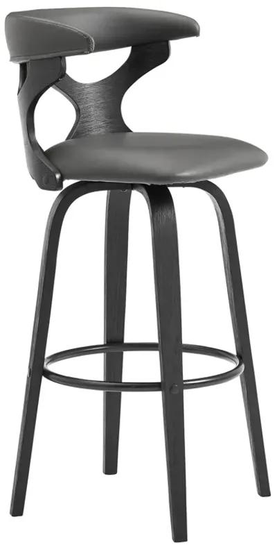 Zenia 30" Swivel Bar Stool in Gray Faux Leather and Black Wood