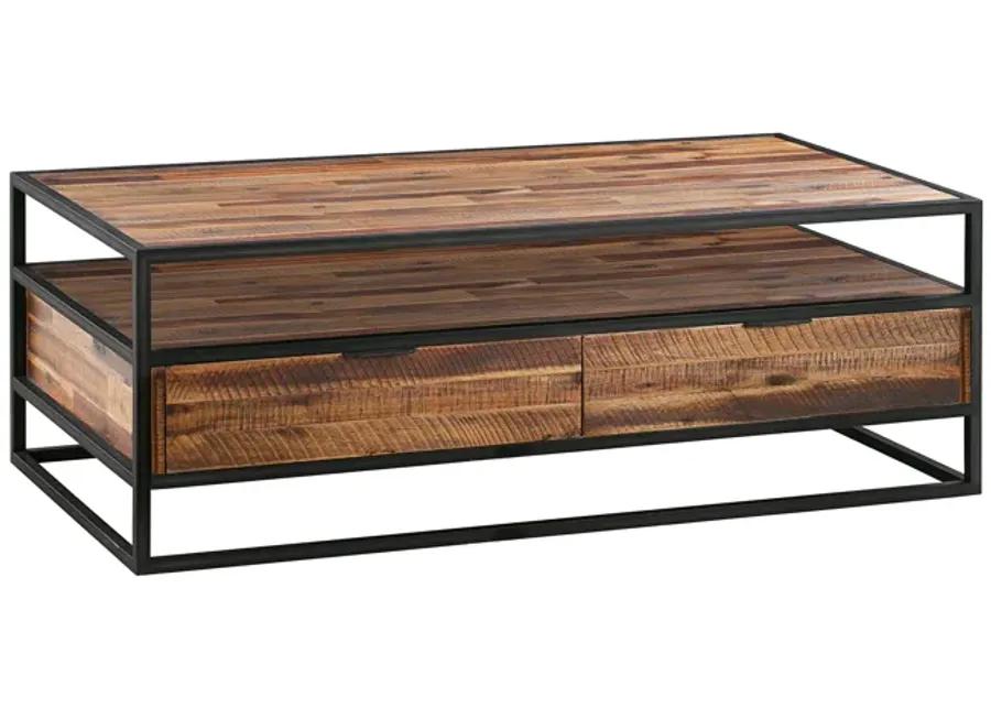 Ludgate Rectangle Coffee Table with Shelf in Acacia and Black Metal