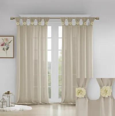 Madison Park Rosette Linen Floral Embellished Cuff Tab Top Solid Curtain Panel