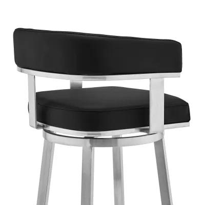 Lorin 30" Black Faux Leather and Brushed Stainless Steel Swivel Bar Stool