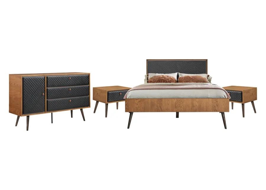 Coco Rustic 4 piece Upholstered Platform Bedroom Set in Queen with Dresser and 2 Nightstands 