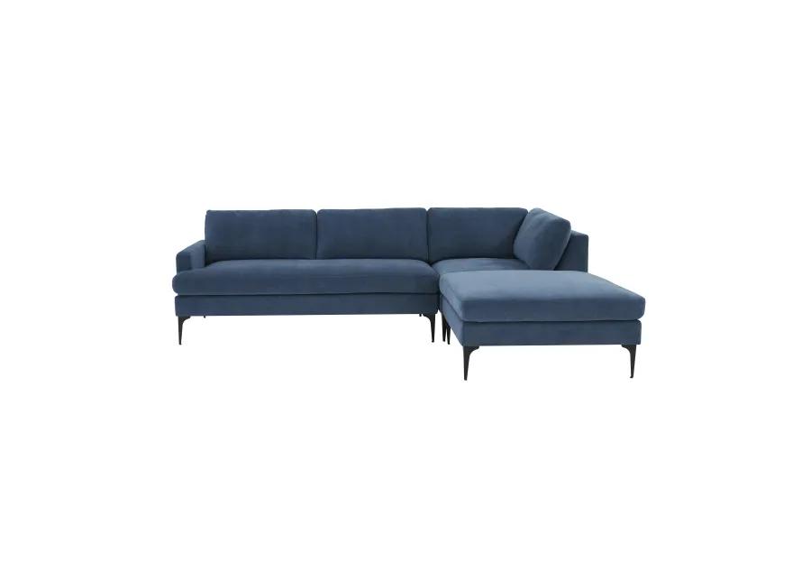 Serena Blue Velvet RAF Chaise Sectional with Black Legs