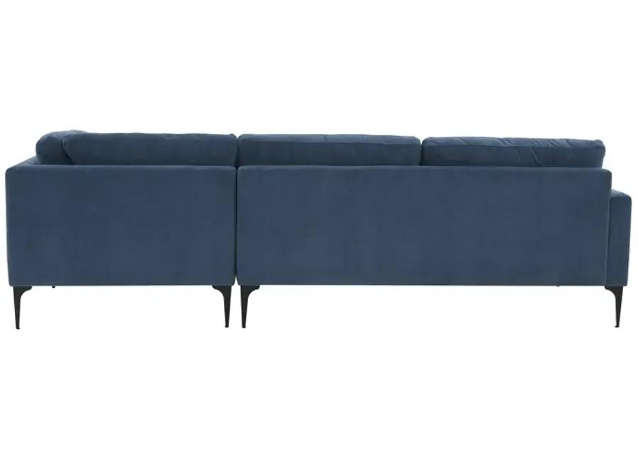 Serena Blue Velvet RAF Chaise Sectional with Black Legs