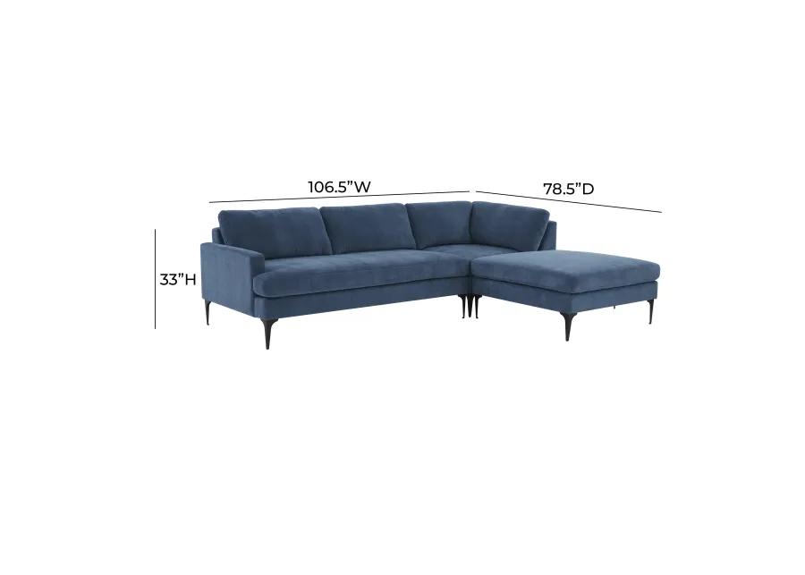 Serena Blue Velvet RAF Chaise Sectional with Black Legs