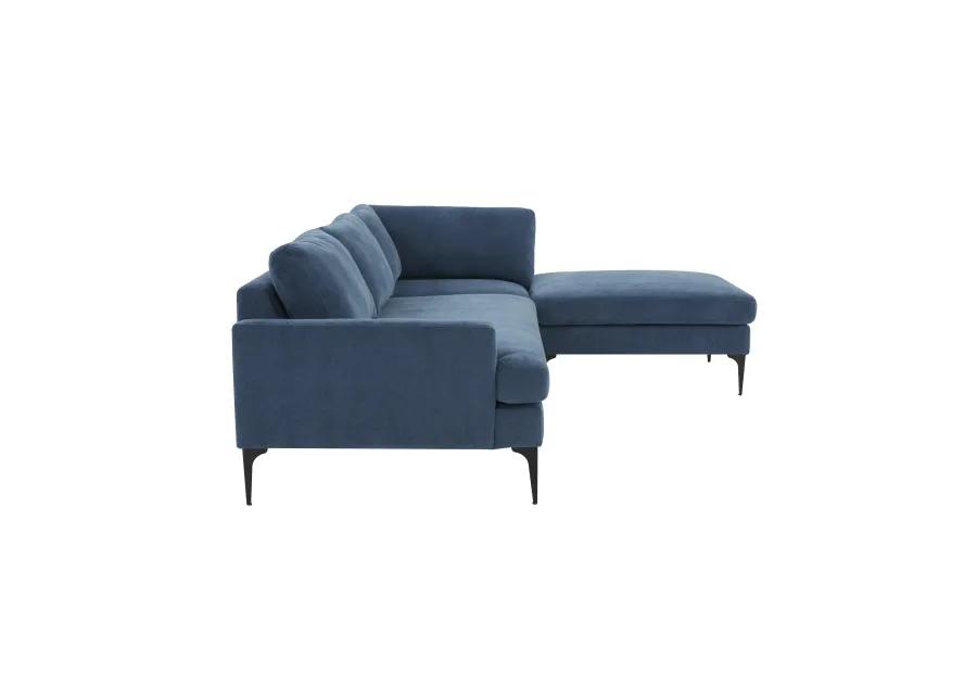 Serena Blue Velvet RAF Chaise Sectional with Black Legs