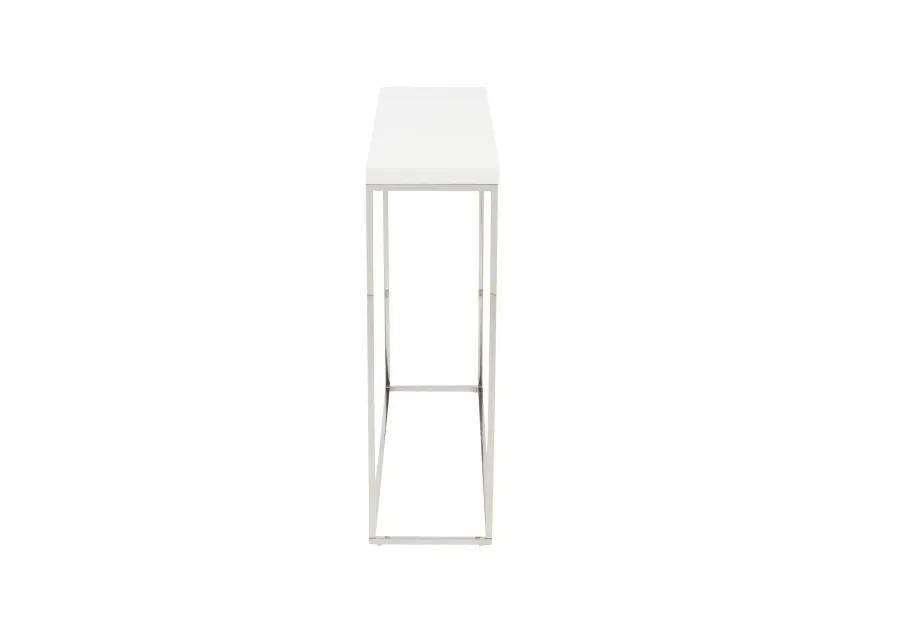 Teresa Console Table in White Lacquer with Polished Stainless Steel Frame