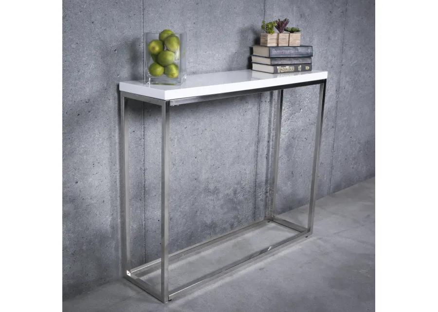 Teresa Console Table in White Lacquer with Polished Stainless Steel Frame