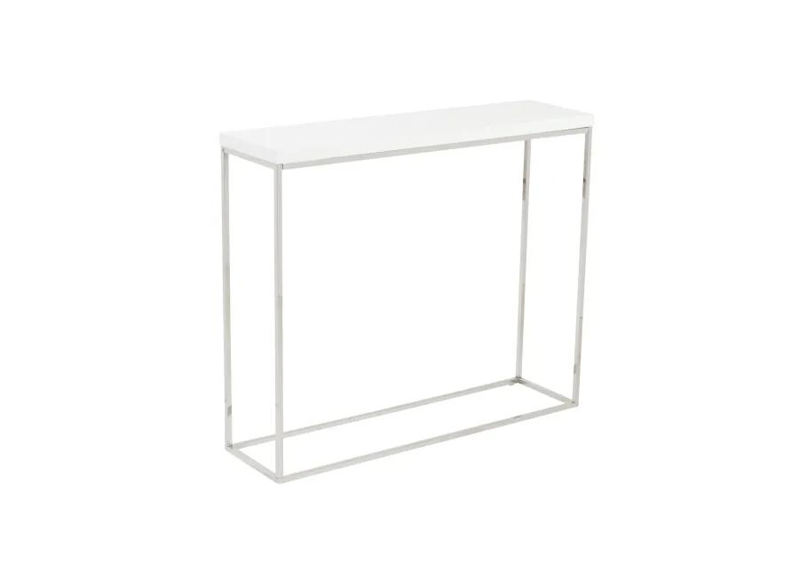 Teresa Console Table in White Lacquer with Polished Stainless Steel Frame