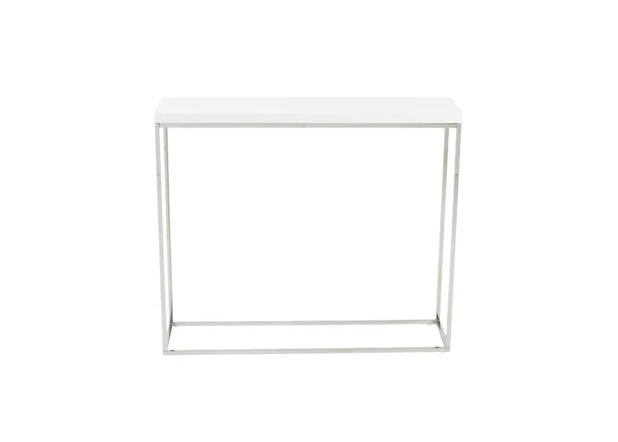 Teresa Console Table in White Lacquer with Polished Stainless Steel Frame