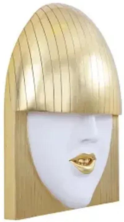 fashion faces wall art, large, smile, white and gold leaf