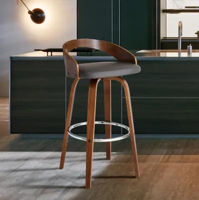 Sonia 26" Counter Height Swivel Grey Faux Leather and Walnut Wood Bar Stool