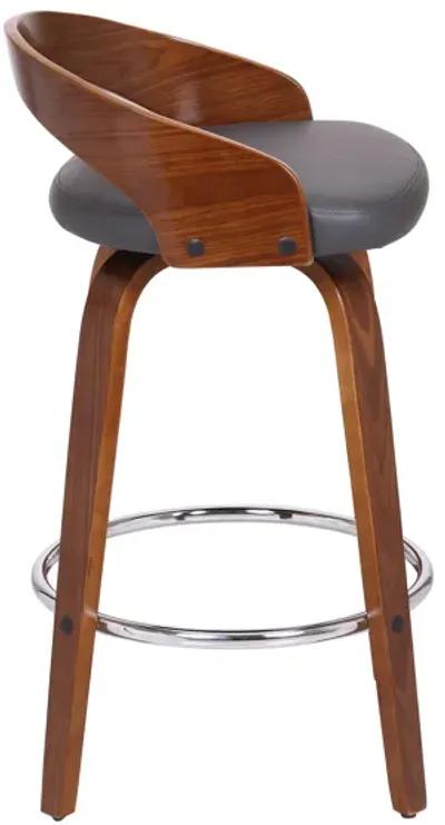 Sonia 26" Counter Height Swivel Grey Faux Leather and Walnut Wood Bar Stool