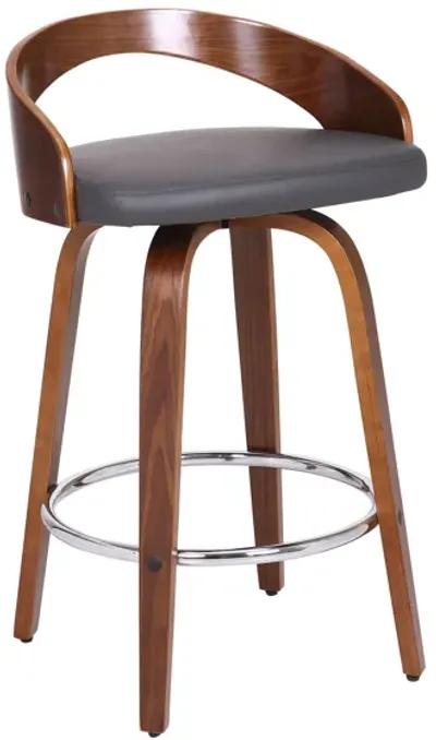 Sonia 26" Counter Height Swivel Grey Faux Leather and Walnut Wood Bar Stool