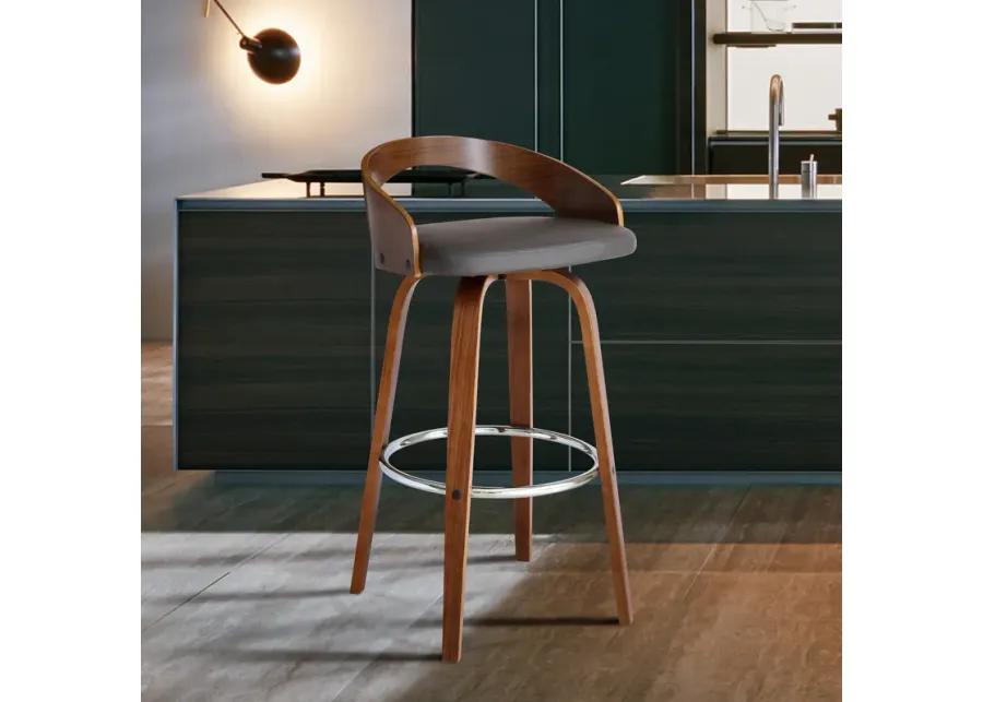 Sonia 30" Bar Height Swivel Grey Faux Leather and Walnut Wood Bar Stool