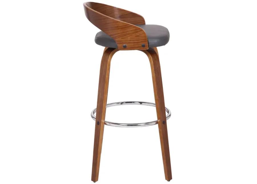 Sonia 30" Bar Height Swivel Grey Faux Leather and Walnut Wood Bar Stool