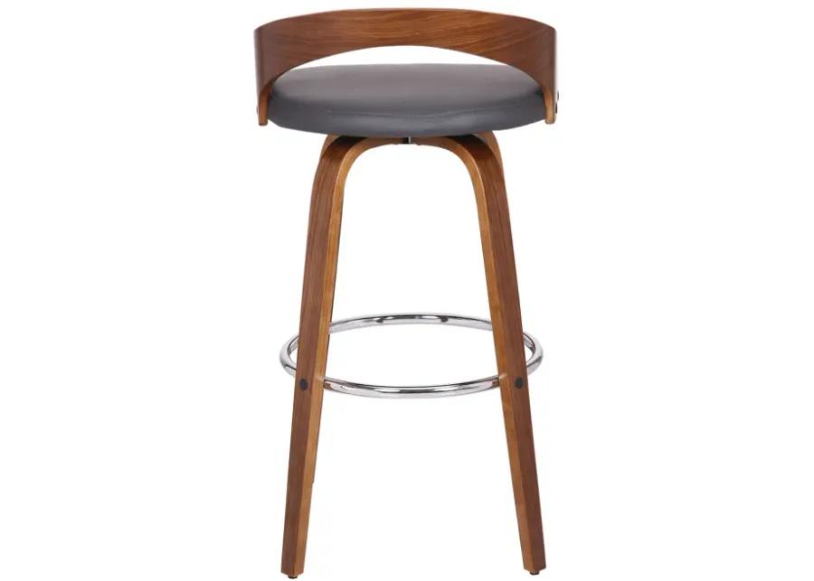 Sonia 30" Bar Height Swivel Grey Faux Leather and Walnut Wood Bar Stool