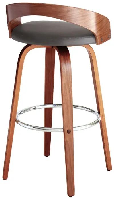 Sonia 30" Bar Height Swivel Grey Faux Leather and Walnut Wood Bar Stool