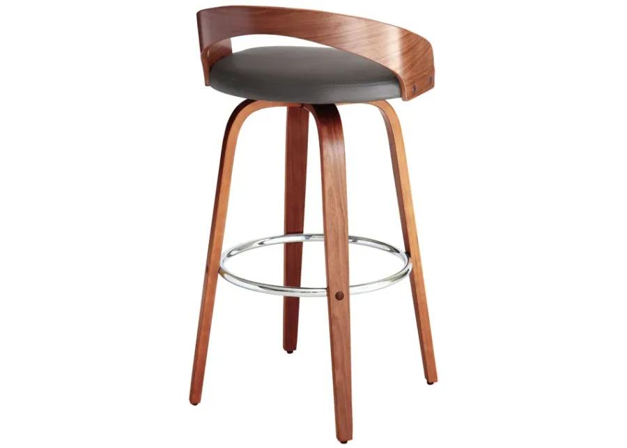 Sonia 30" Bar Height Swivel Grey Faux Leather and Walnut Wood Bar Stool