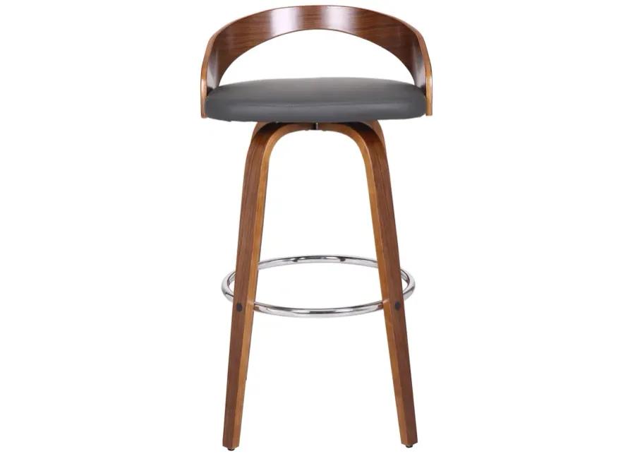 Sonia 30" Bar Height Swivel Grey Faux Leather and Walnut Wood Bar Stool