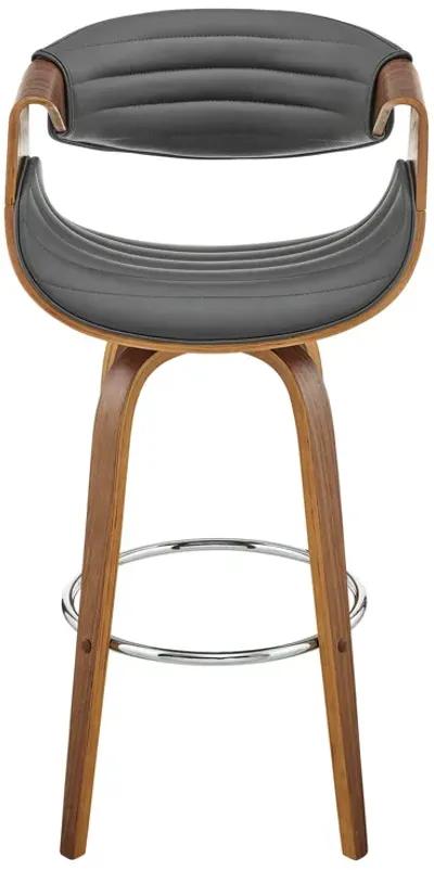 Arya 30" Swivel Bar Stool in Gray Faux Leather and Walnut Wood