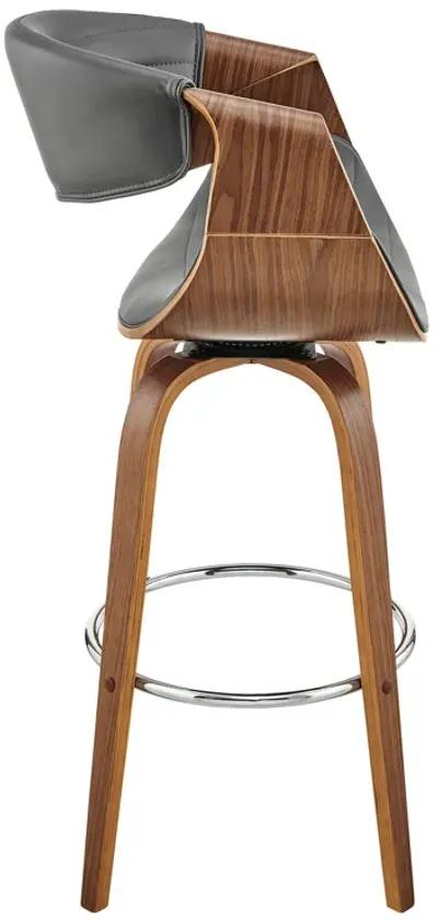 Arya 30" Swivel Bar Stool in Gray Faux Leather and Walnut Wood